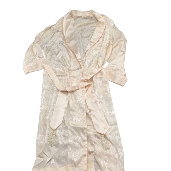 Victoria's Secret Robe Women Small Ivory Tasseled Belt Floral Damask Long Flaw‎ - Picture 1 of 14